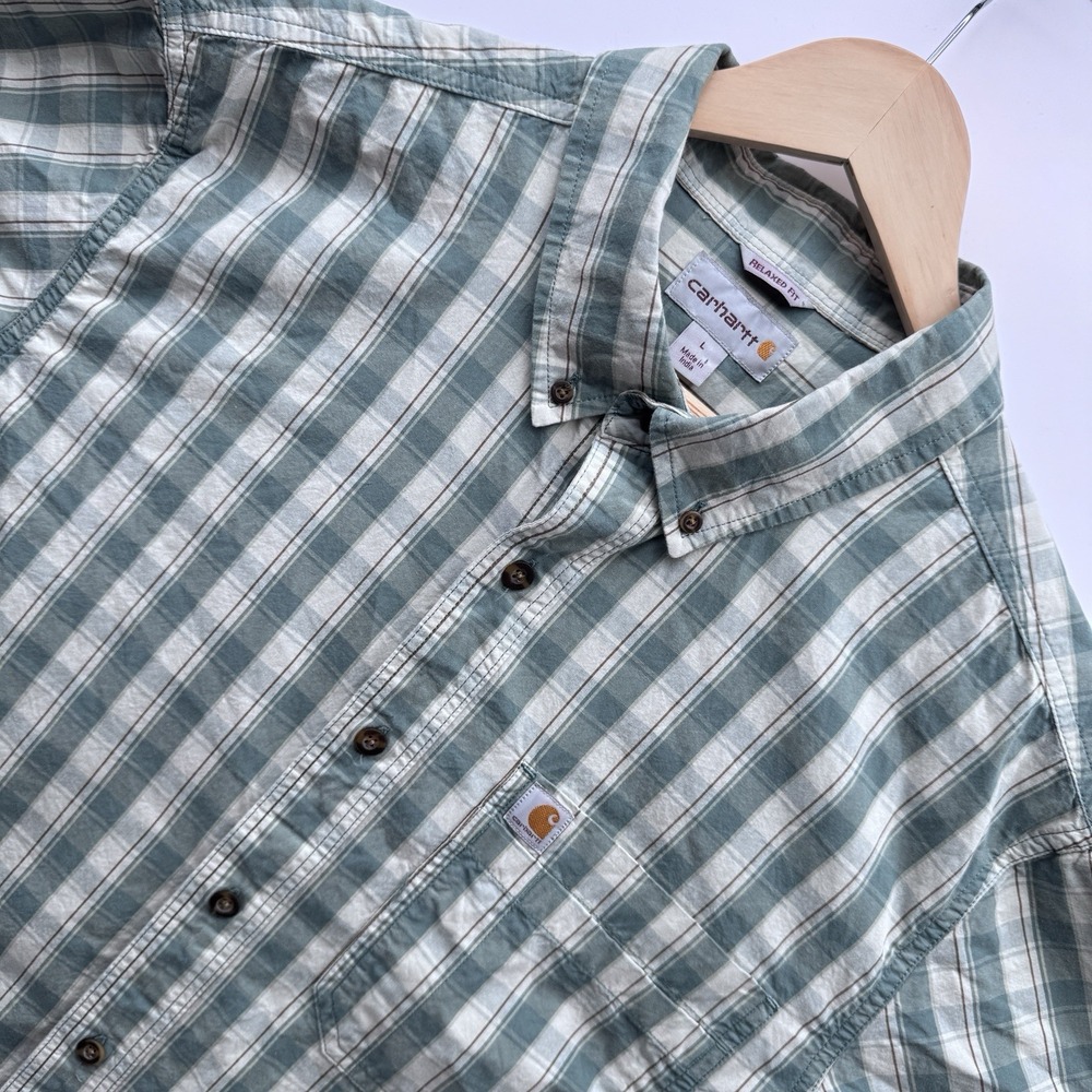 Carhartt Relaxed Fit Plaid Short Sleeve Shirt Mens Large Green White Button Down